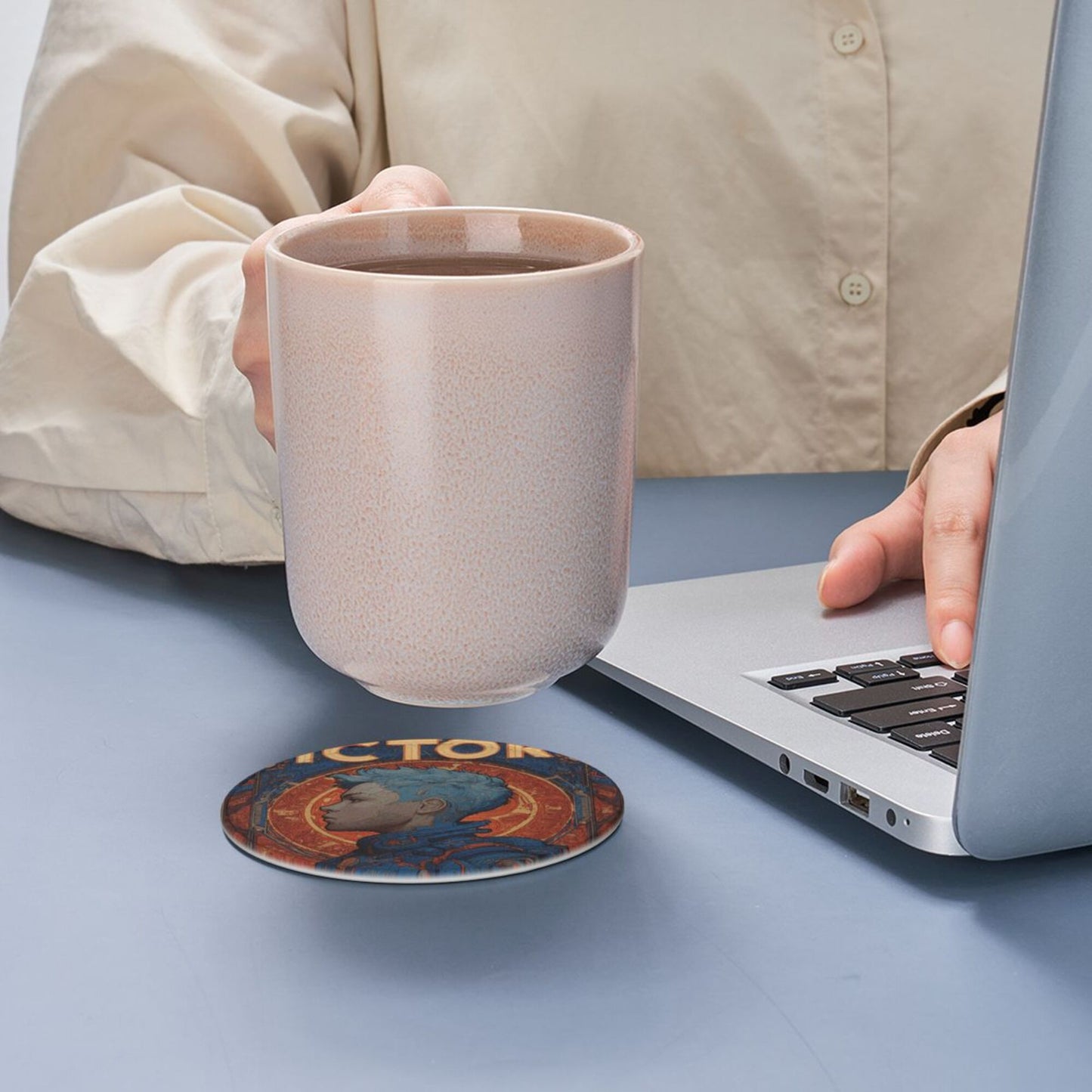 Retro Sci-Fi Blue-Haired Warrior Leather Coaster Set