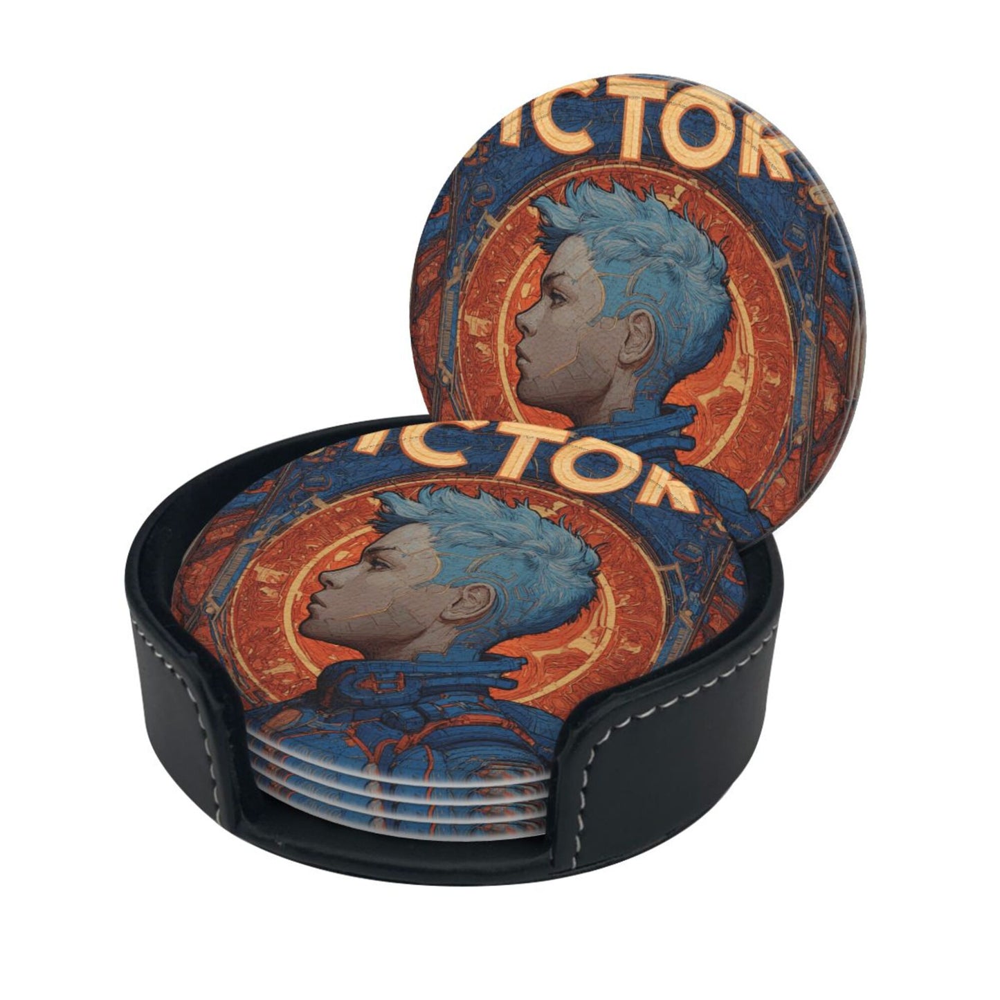 Retro Sci-Fi Blue-Haired Warrior Leather Coaster Set