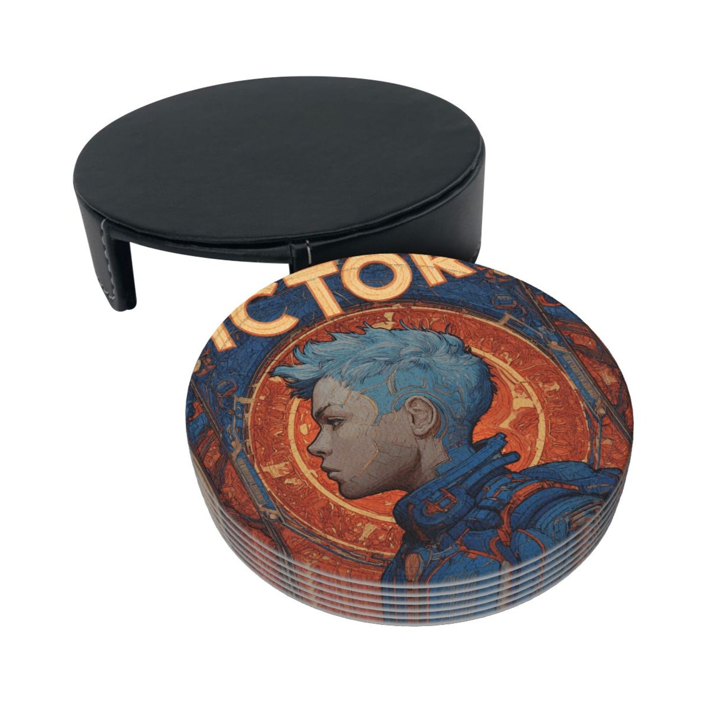 Retro Sci-Fi Blue-Haired Warrior Leather Coaster Set
