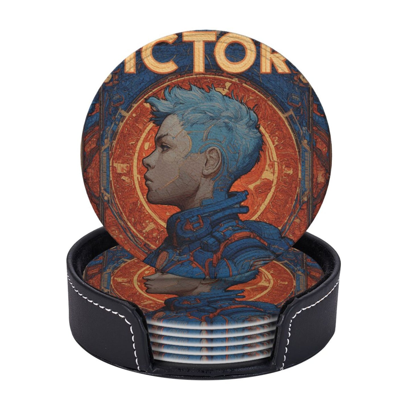 Retro Sci-Fi Blue-Haired Warrior Leather Coaster Set