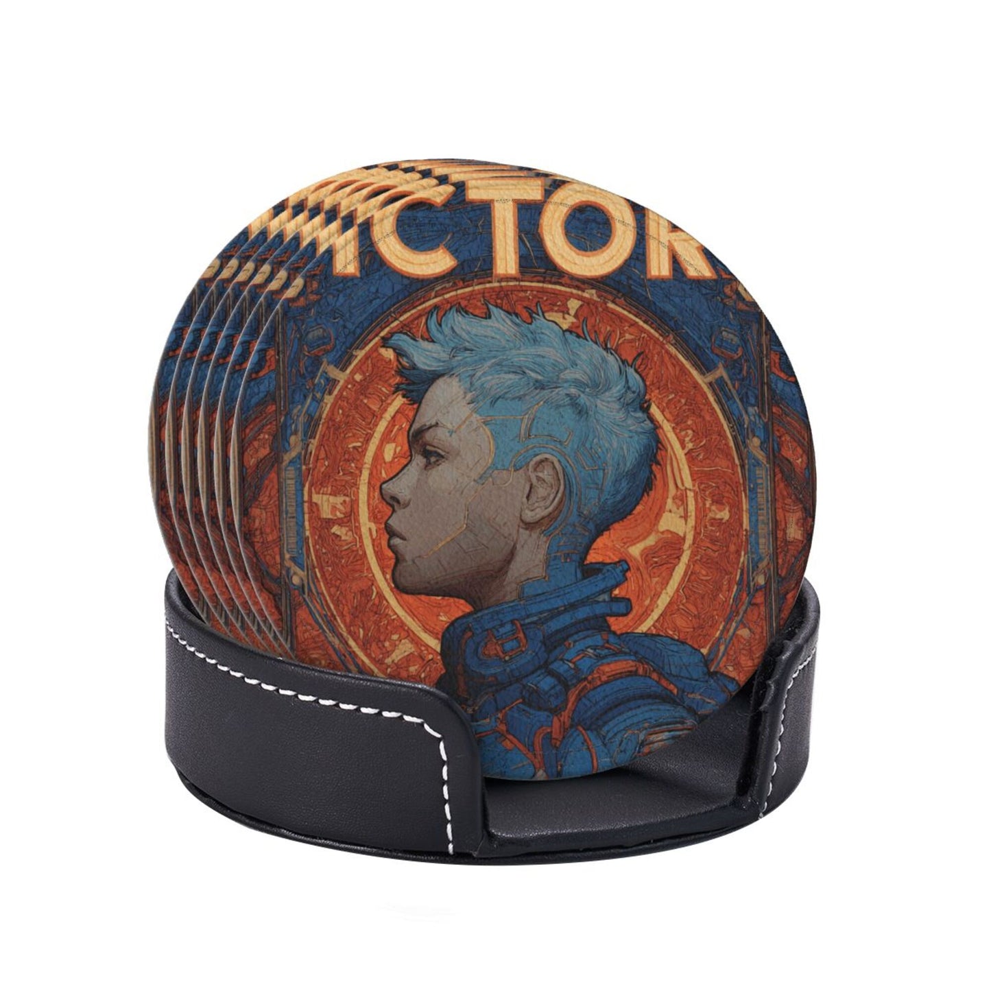 Retro Sci-Fi Blue-Haired Warrior Leather Coaster Set