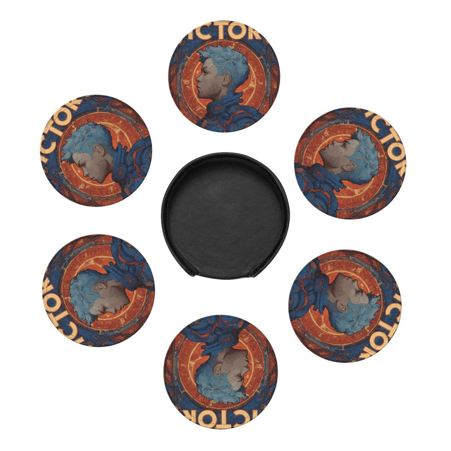 Retro Sci-Fi Blue-Haired Warrior Leather Coaster Set