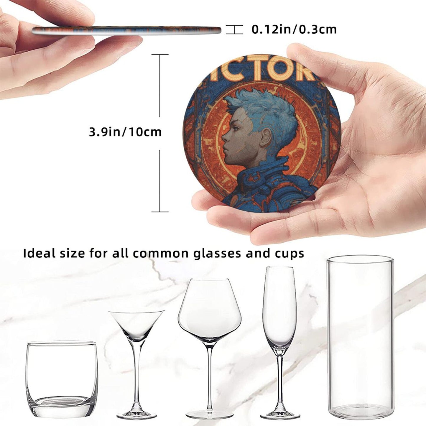 Retro Sci-Fi Blue-Haired Warrior Leather Coaster Set