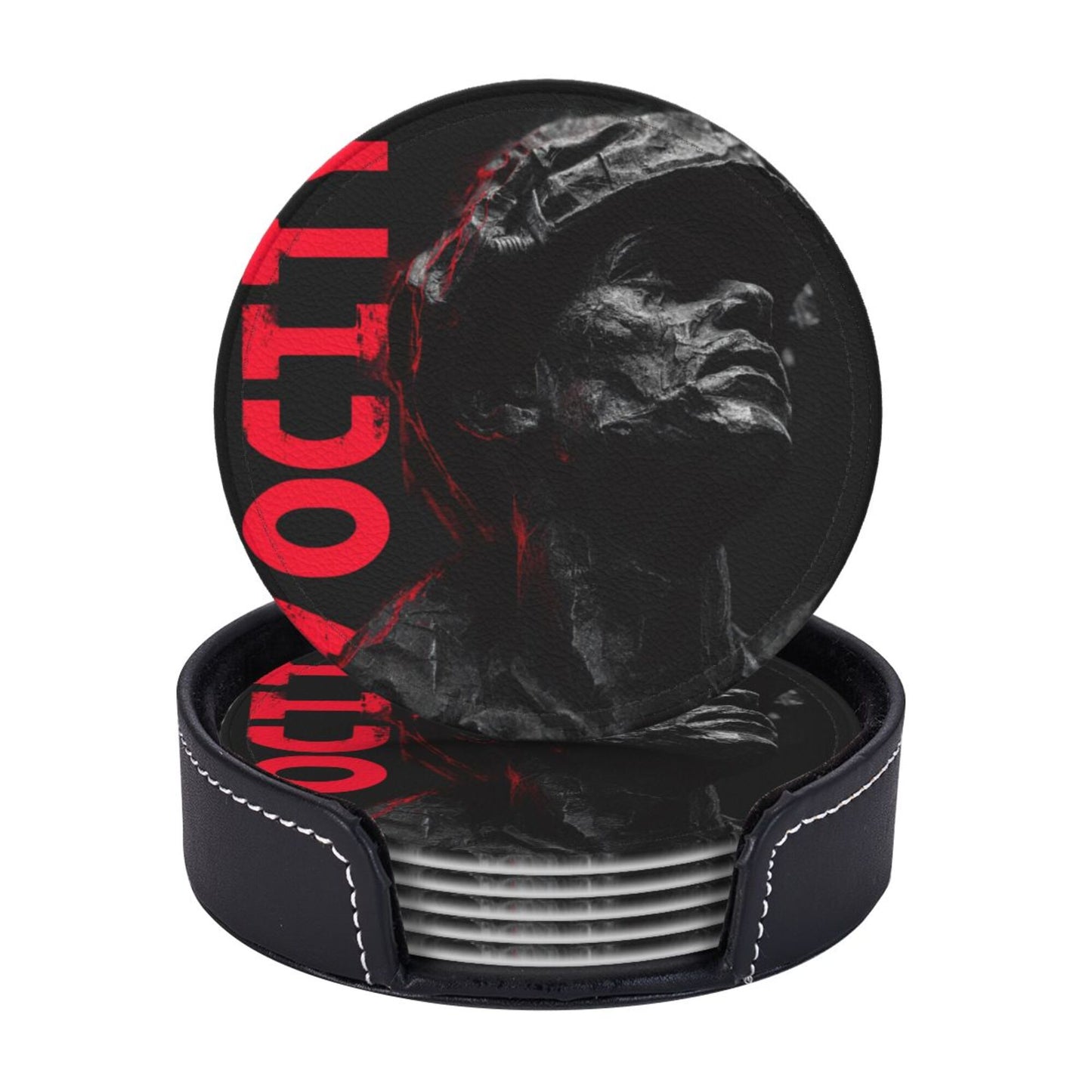 Black & White Artistic Soldier-Themed Coaster Set — Sculpture-Inspired Design